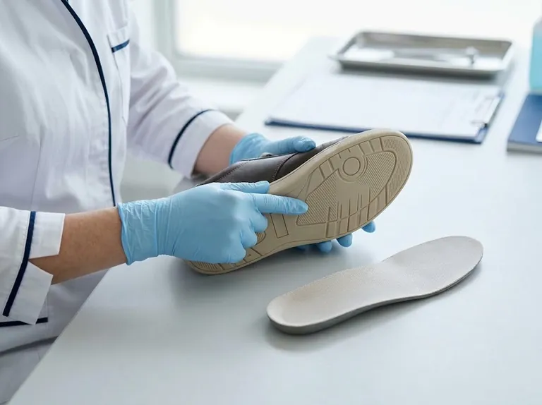 Imagen ilustrativa generada con IA: manos con guantes examinan la suela de un zapato junto a una plantilla